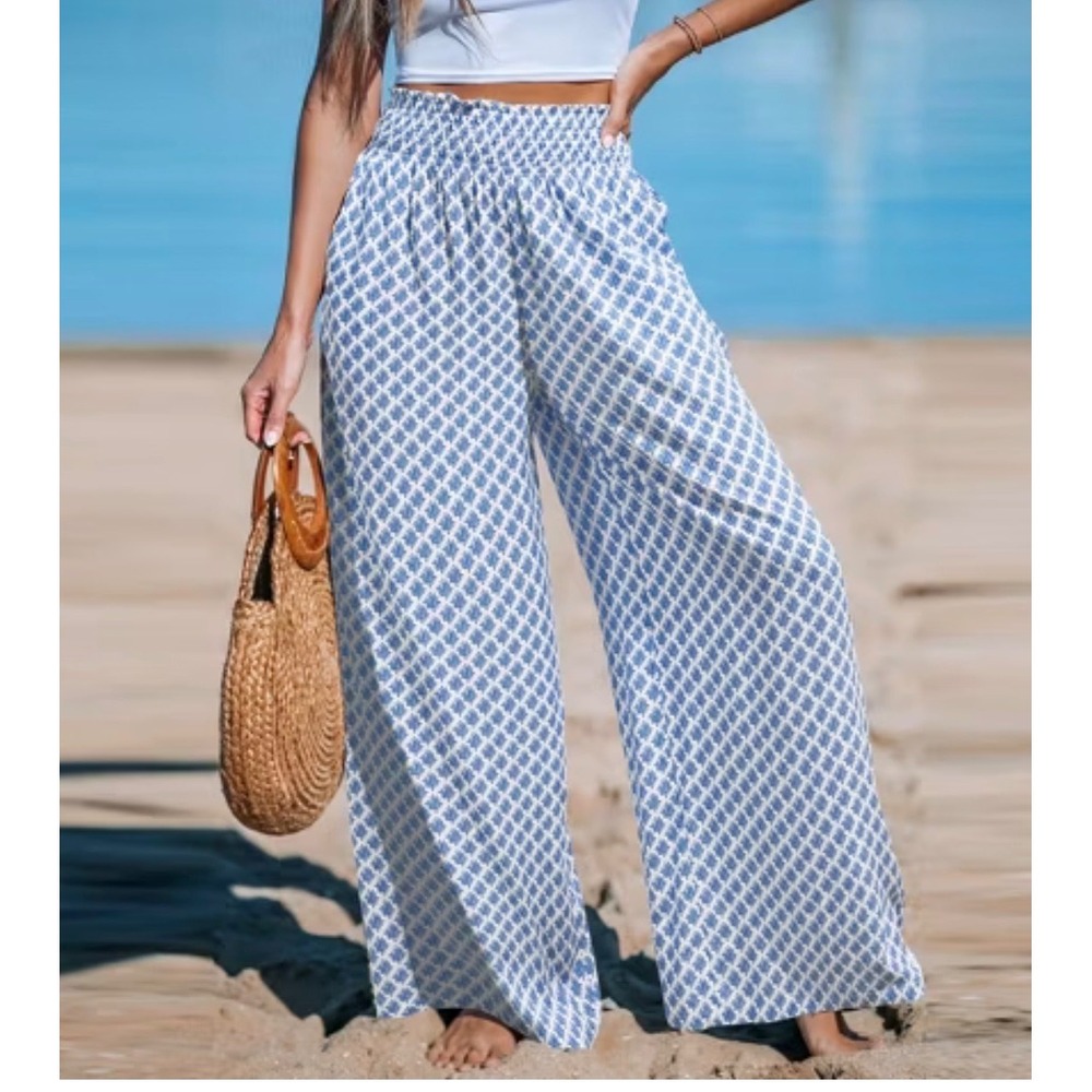 Cupshe‎ Breezy Damask Wide Leg Beach Pants Blue White NWT Medium Coastal